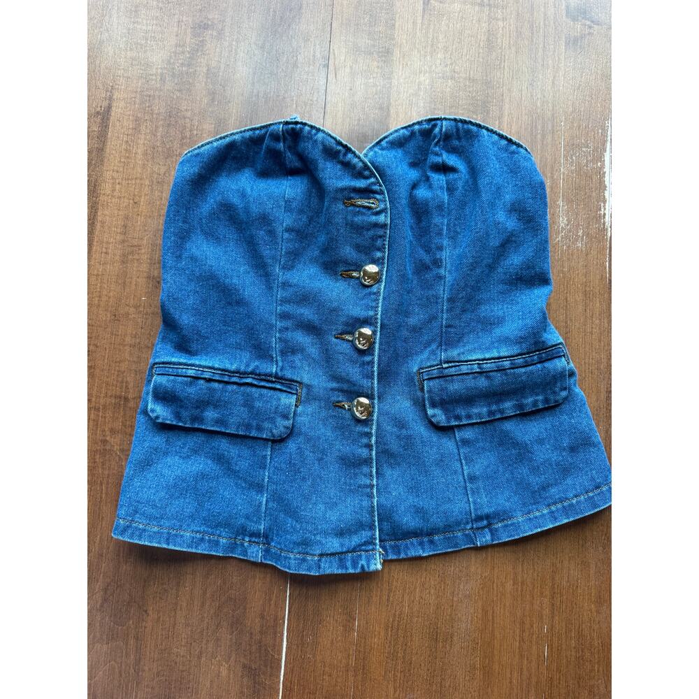 Sincerely Jules Women’s Small Denim Strapless Crop Top Gold Buttons Smocked Back